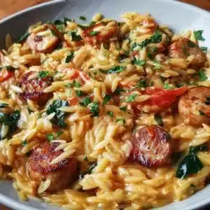 Creamy Chicken Sausage Orzo 3 Creamy chicken sausage orzo bowl topped with herbs and spices.