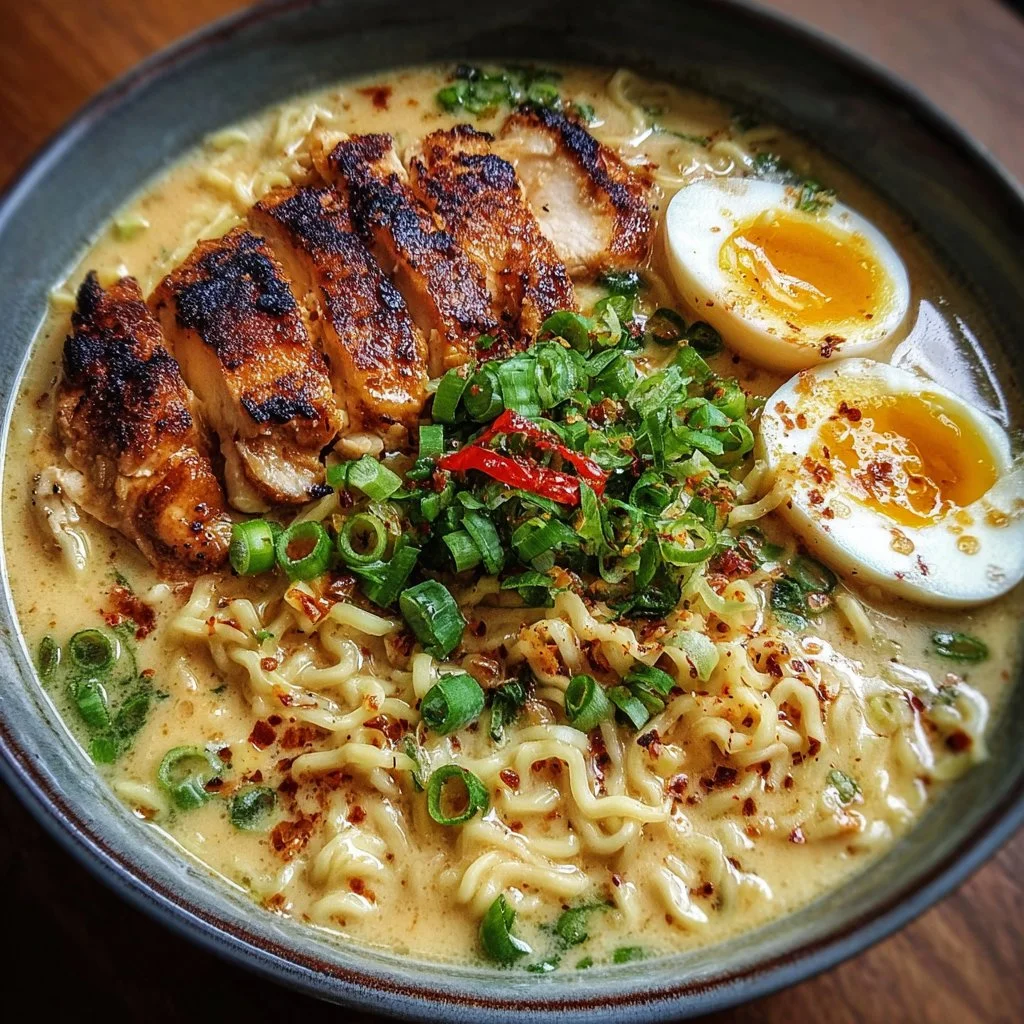 Bowl of creamy garlic chicken ramen topped with fresh herbs and vegetables