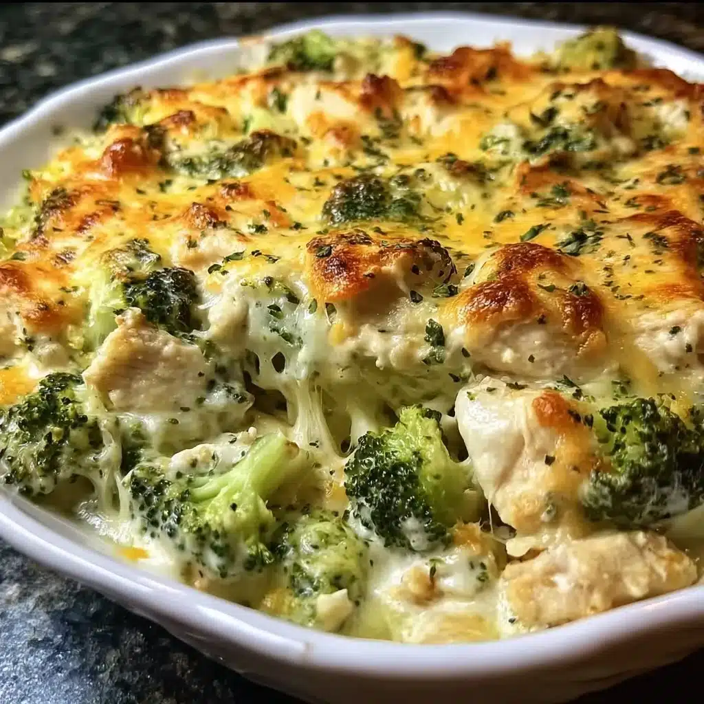 Creamy Keto Chicken Alfredo Broccoli Bake topped with cheese and herbs