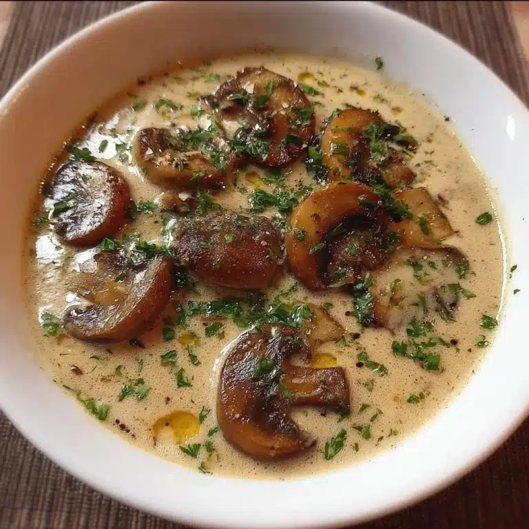Bowl of creamy mushroom soup garnished with herbs and served with crusty bread.
