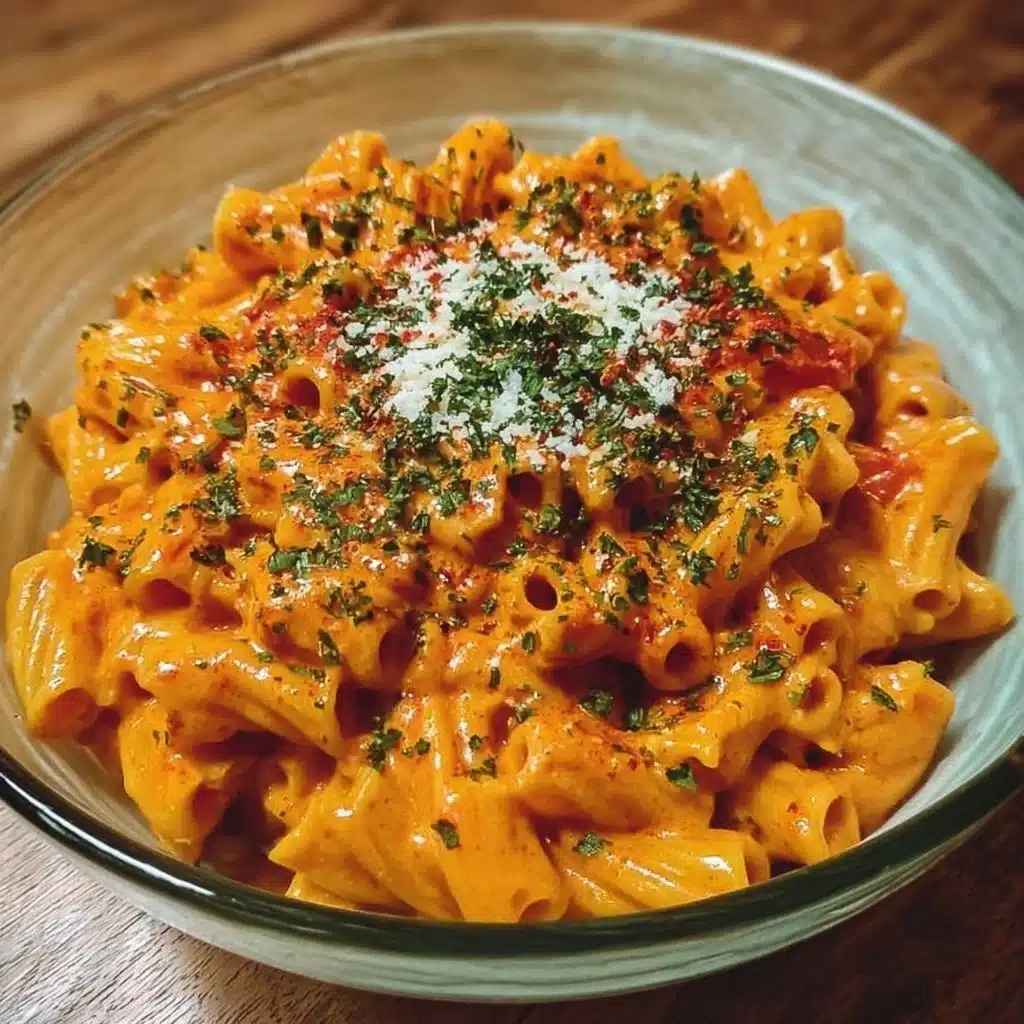 Creamy tomato garlic pasta served in a bowl with fresh herbs