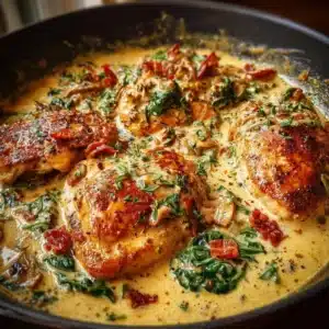 Creamy Tuscan chicken with spinach and tomatoes on a plate