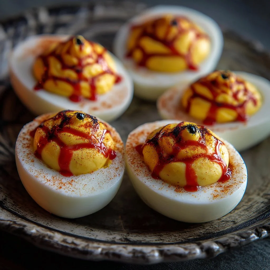 Creepy deviled eggs for Halloween, a spooky snack for festive gatherings
