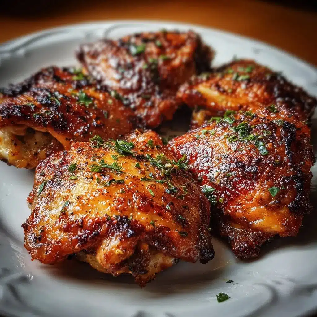 Crispy baked bone-in chicken thighs plated with herbs