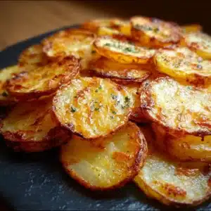 Oven baked crispy sliced potatoes served on a plate
