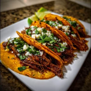 Crock Pot Birria Tacos 3 Crock Pot Birria Tacos served on a plate, showcasing tender meat and colorful garnishes.