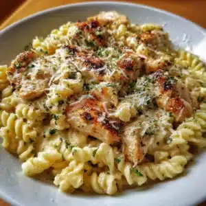 Delicious Crockpot Garlic Parmesan Chicken Pasta in a creamy sauce