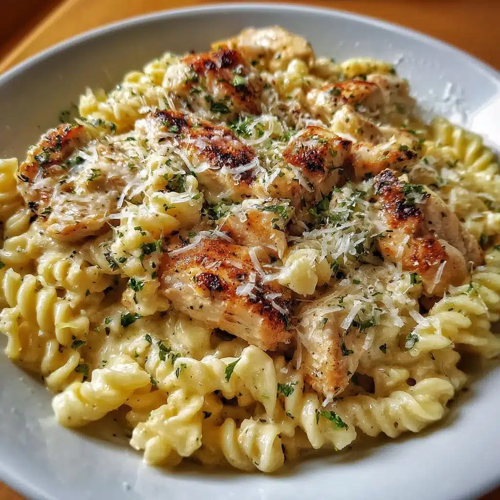 Delicious Crockpot Garlic Parmesan Chicken Pasta in a creamy sauce