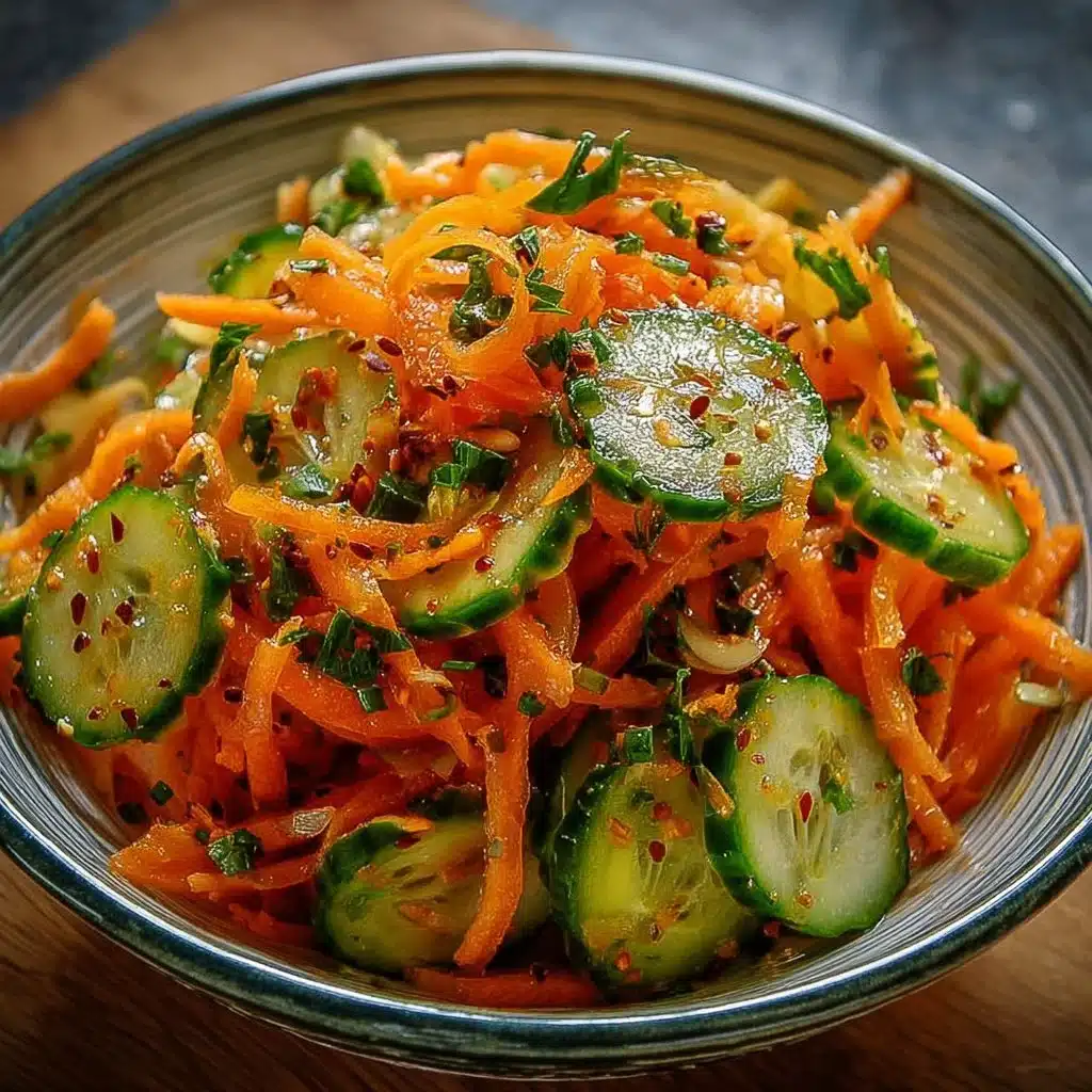 Fresh cucumber carrot salad served in a bowl with dressing