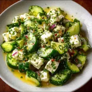Cucumber Feta Salad with fresh vegetables and lemon Greek vinaigrette dressing