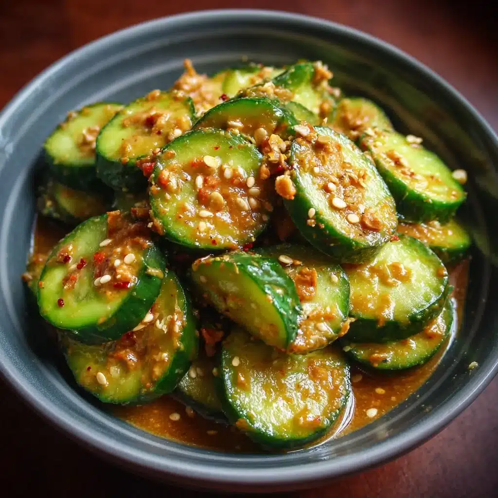 Cucumbers drizzled with spicy peanut sauce for a tasty appetizer