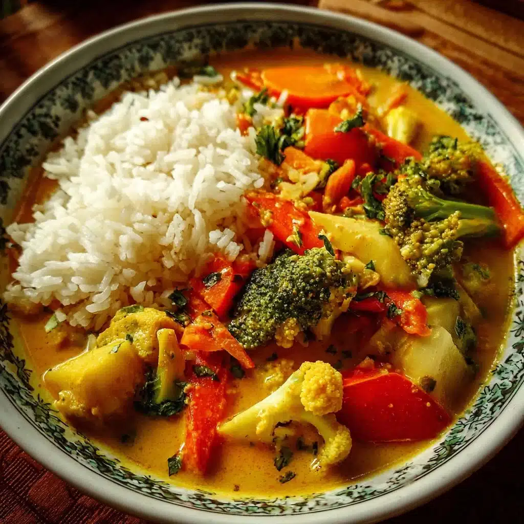 Delicious curry with rice and vegetables dish served in a bowl