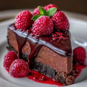 Decadent Dark Chocolate Raspberry Cheesecake 3 Decadent dark chocolate raspberry cheesecake topped with fresh raspberries