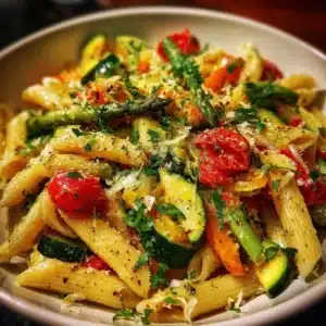 A colorful bowl of Delicious Pasta Primavera with fresh vegetables and pasta