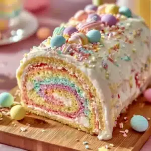 Beautifully decorated Easter Cake Roll with pastel colors and spring themes