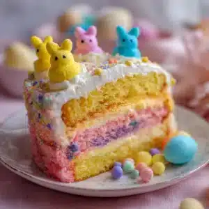 Easter Peep Cake Amazing Festive Surprise 3 Festive Easter Peep Cake with colorful marshmallow chicks and spring decorations.