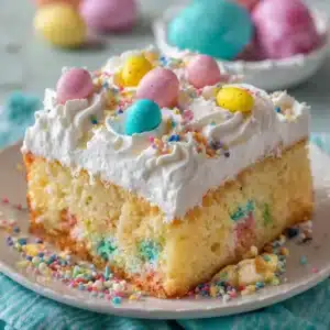 Easter Poke Cake – Best Easy Easter Dessert Recipe 3 Delicious Easter Poke Cake decorated with pastel colors and festive toppings