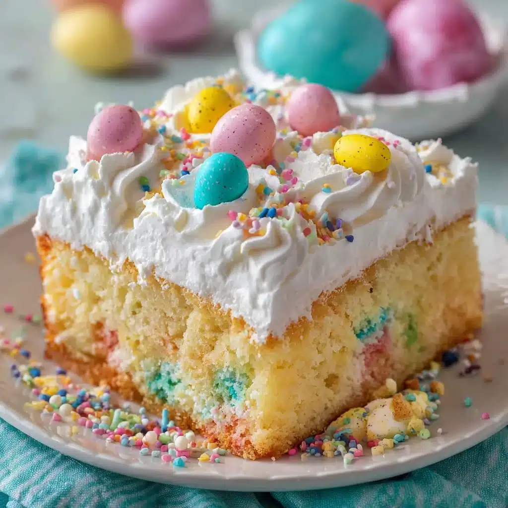 Delicious Easter Poke Cake decorated with pastel colors and festive toppings