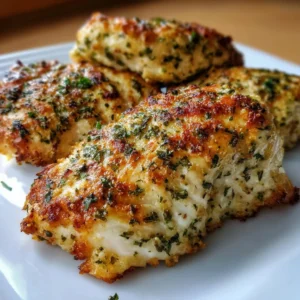 Easy Baked Ranch Chicken Breasts 3 Juicy baked ranch chicken breasts served on a plate with herbs and side dishes.