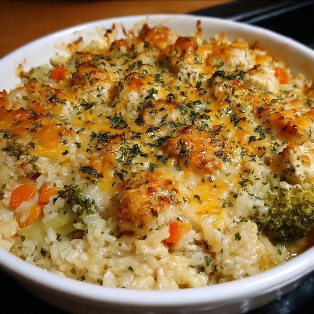 Bowl of easy chicken and rice casserole served with fresh parsley garnish.