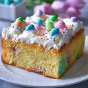 Easy Easter Poke Cake topped with colorful whipped cream and sprinkles.