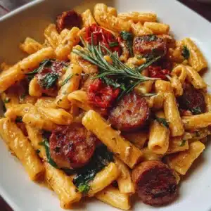 Easy Marry Me Sausage Pasta 3 Delicious Easy Marry Me Sausage Pasta served in a bowl with herbs