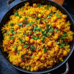 One-pot turmeric chickpea rice dish garnished with herbs and spices