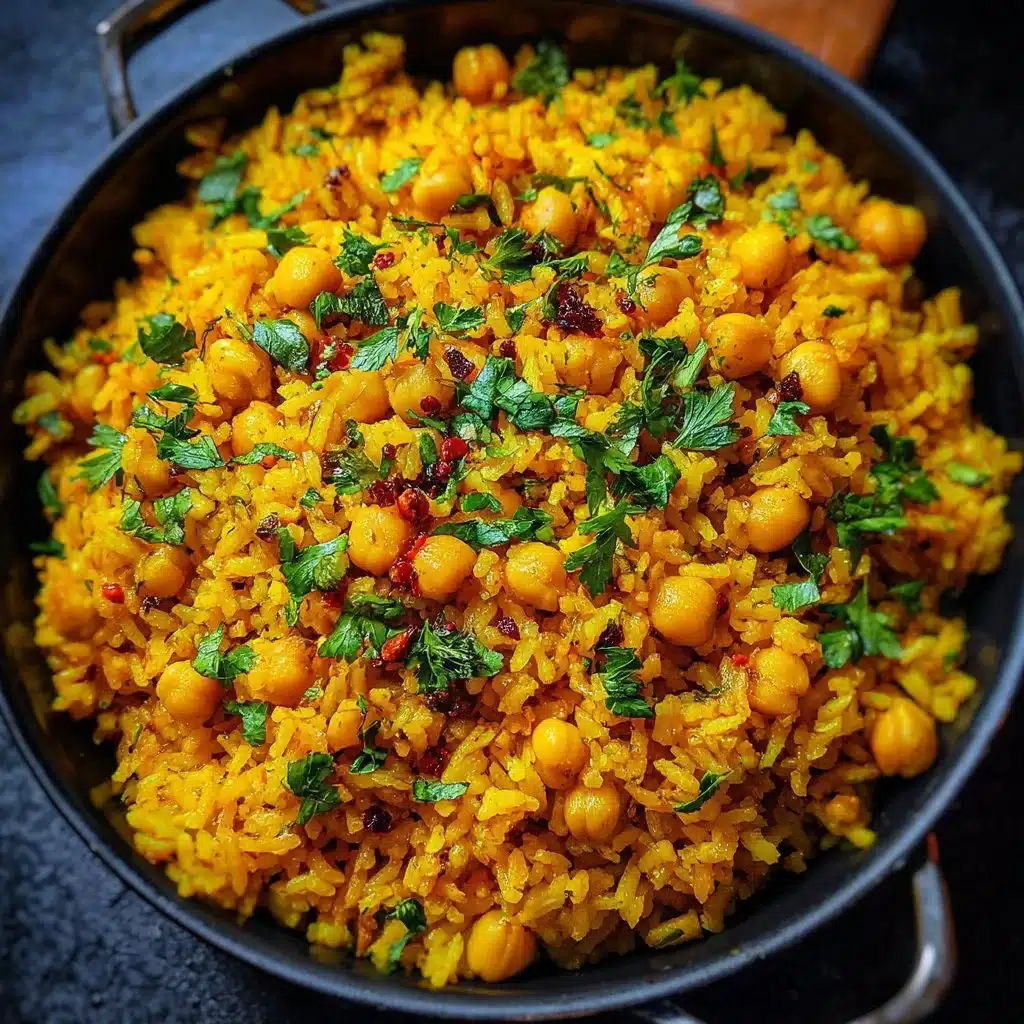 One-pot turmeric chickpea rice dish garnished with herbs and spices