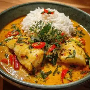 Bowl of Thai Coconut Fish Curry featuring vibrant colors and fresh ingredients.