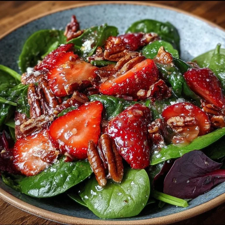 Fresh strawberry spinach salad garnished with caramelized pecans.