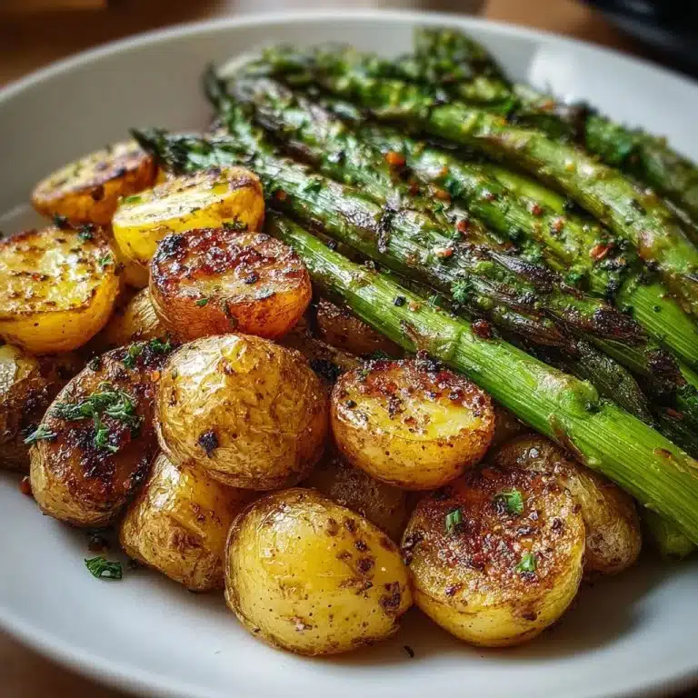 Delicious garlic roasted potatoes served with fresh asparagus