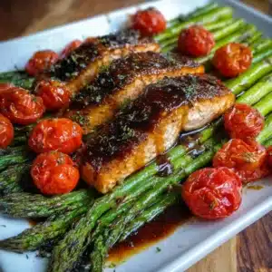 Gluten-free one pan balsamic glazed salmon with asparagus and cherry tomatoes
