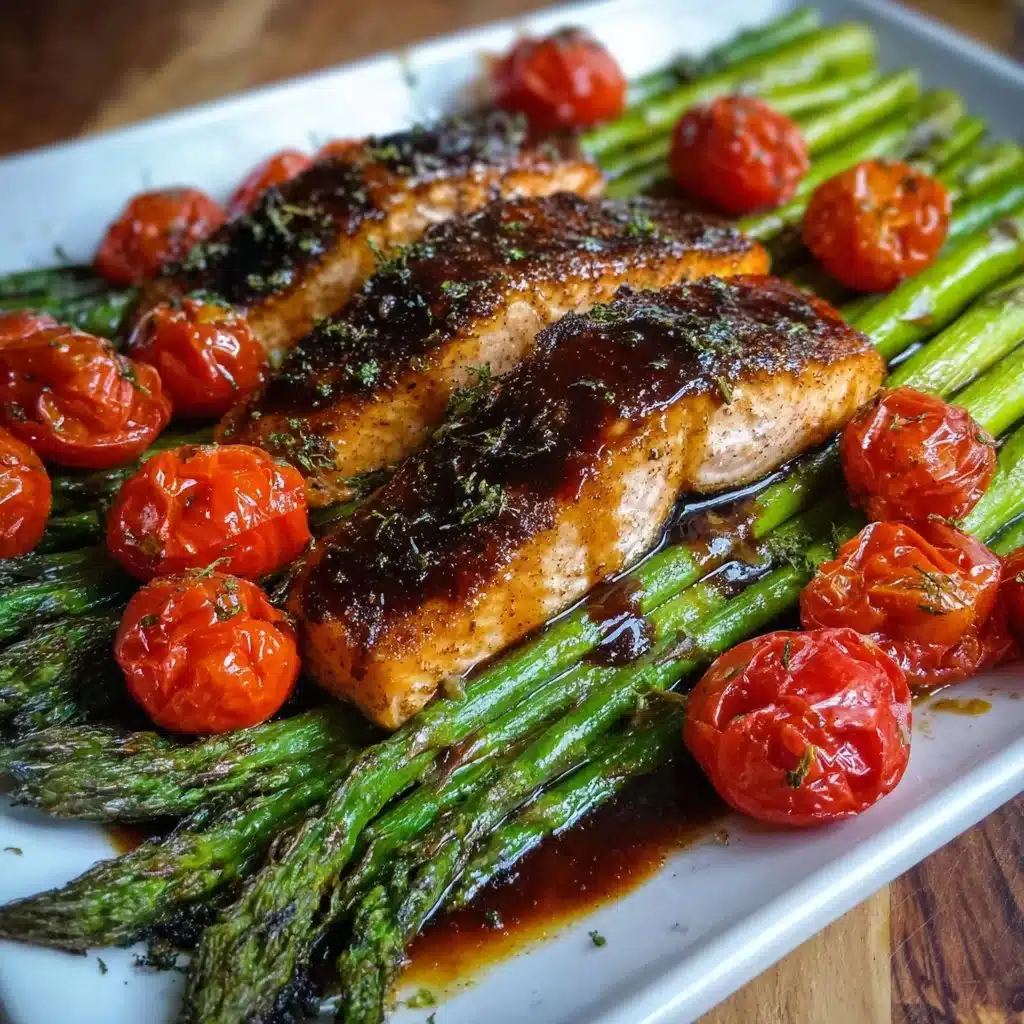 Gluten Free, One Pan Balsamic Glazed Salmon with Asparagus and Tomatoes