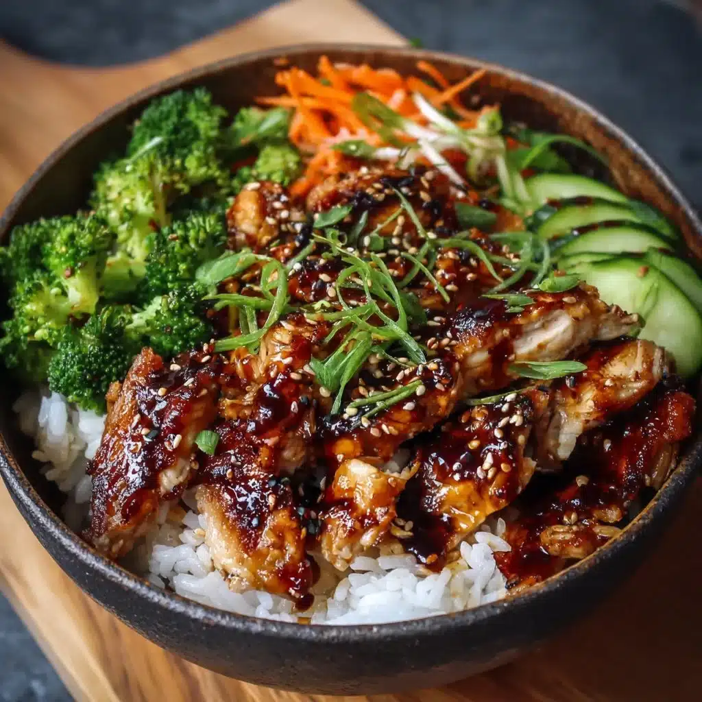 Healthy sticky chicken bowl with vegetables and rice