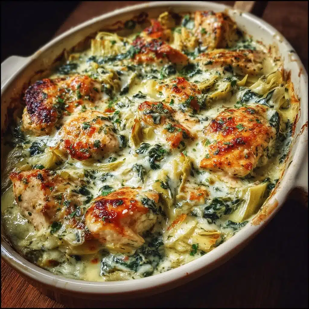 High-protein spinach and artichoke chicken casserole topped with melted cheese