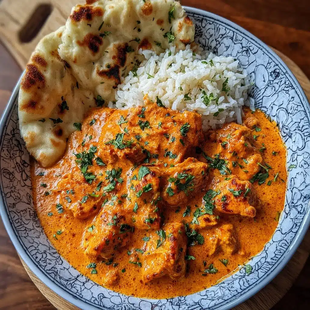Bowl of homemade butter chicken served with rice and naan bread