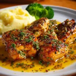 Honey Dijon Baked Chicken plated with herbs and seasonal vegetables