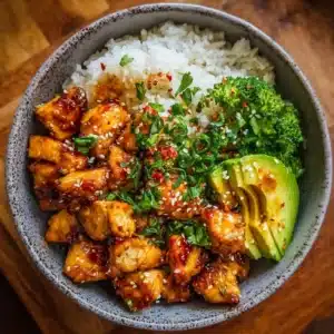 Hot Honey Chicken Bowls with veggies and rice served in a vibrant bowl.