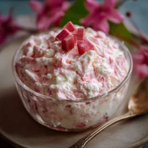 Delicious rhubarb fluff dessert served in a bowl, perfect for spring gatherings.
