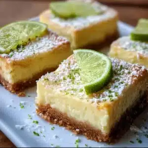 Key Lime Pie Bars 3 Delicious Key Lime Pie Bars served on a white plate with a lime garnish