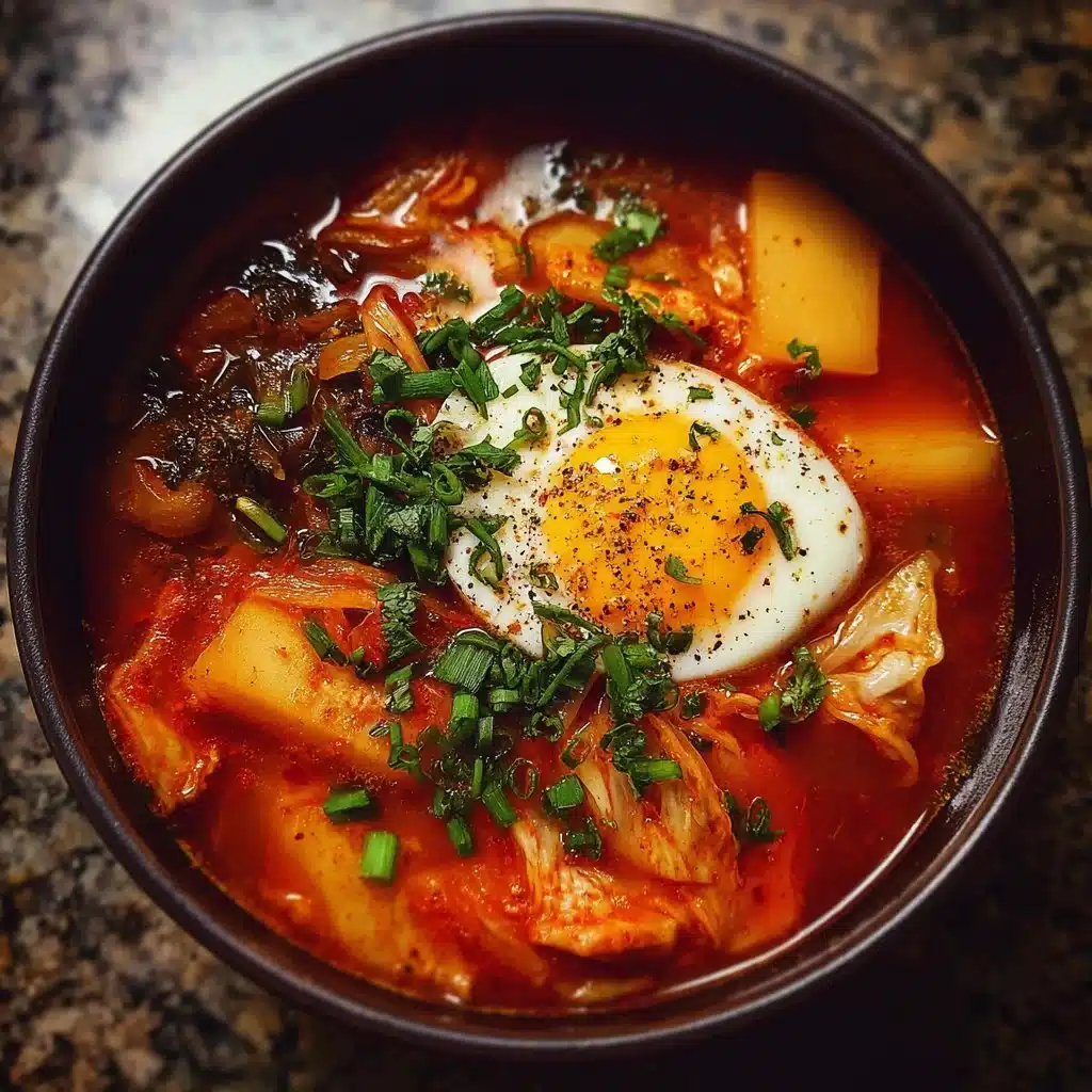 Bowl of spicy kimchi stew with vegetables and tofu