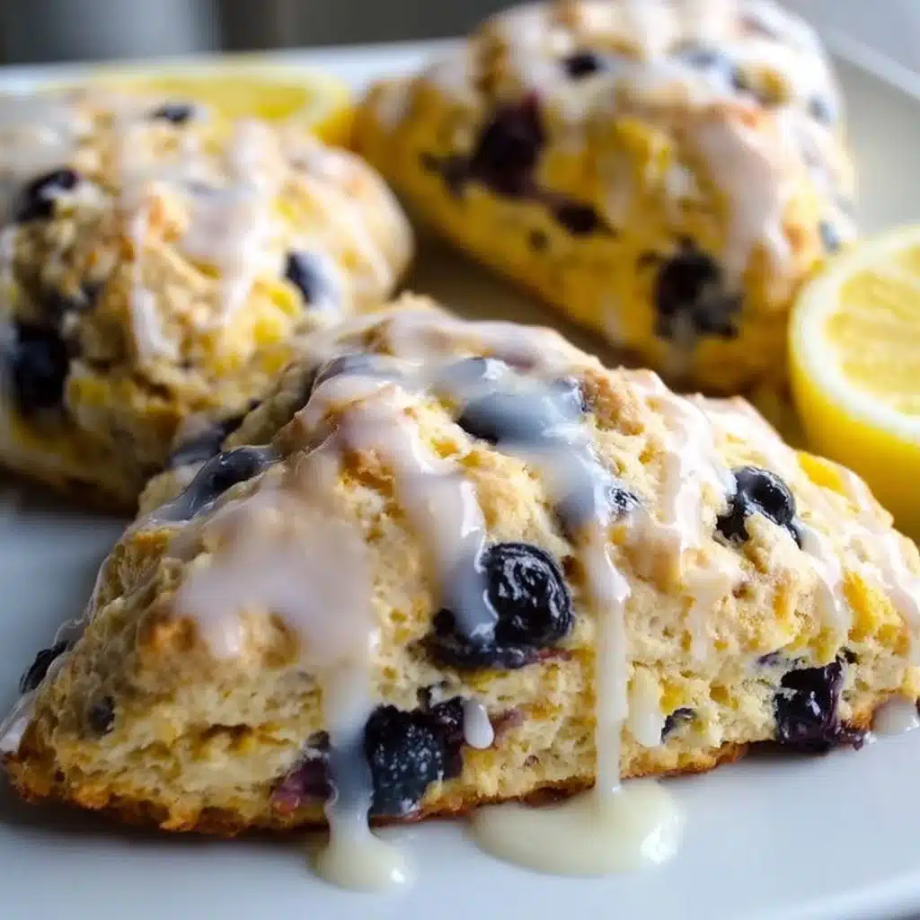 Delicious lemon blueberry scones with a sweet glaze on a plate.