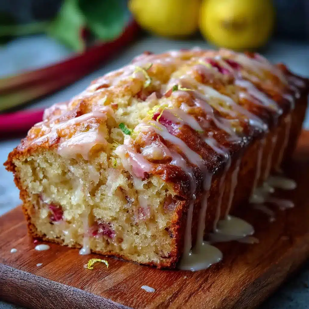Sliced Lemon Rhubarb Loaf with Glaze on a plate
