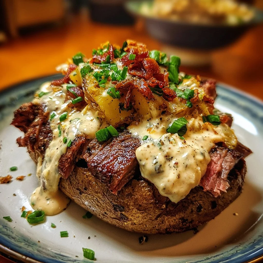 Loaded steak potatoes with savory cream sauce on a plate