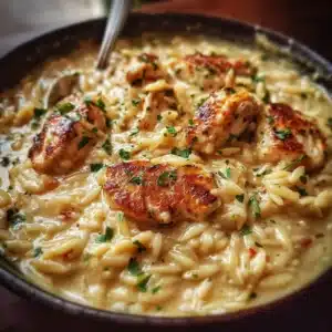 Marry Me Chicken Orzo 3 Delicious Marry Me Chicken Orzo dish served in a bowl with herbs