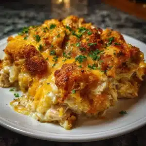 Delicious Million Dollar Chicken Casserole freshly baked in a dish