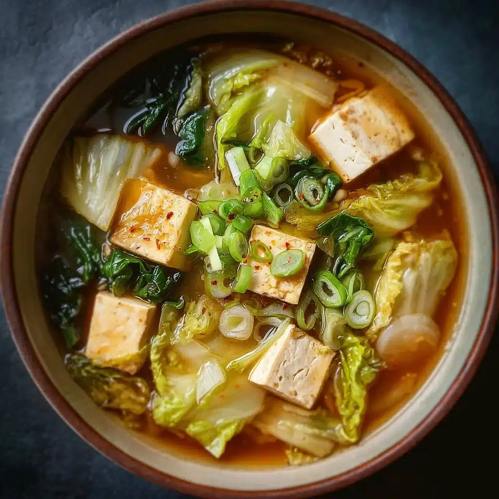 A bowl of Napa Cabbage Tofu Soup garnished with green onions