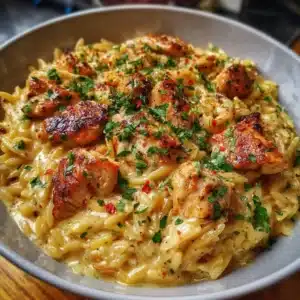 One-Pot Cajun Chicken Alfredo Orzo in a bowl with herbs and spices