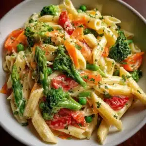 A vibrant bowl of Pasta Primavera featuring 7 colorful vegetables.