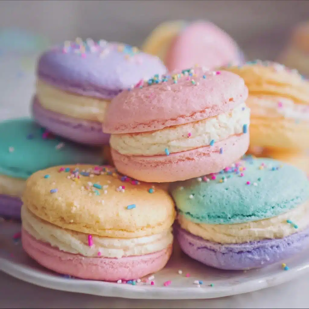 Pastel sugar cookie sandwiches filled with colorful frosting.